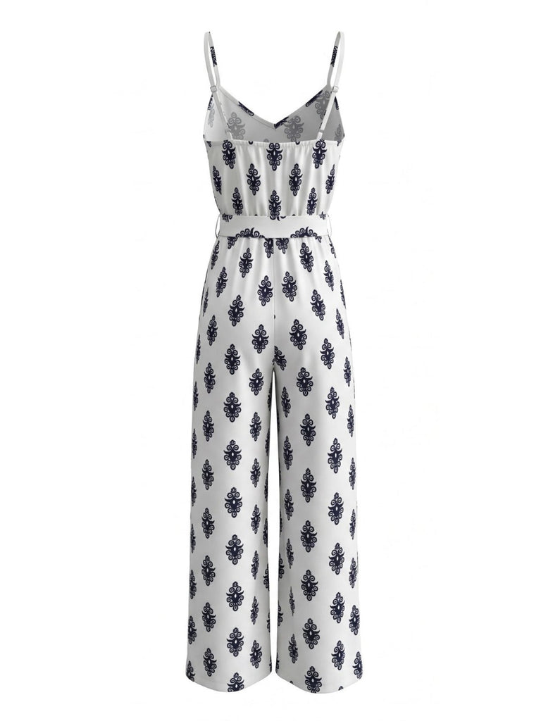 White 1950s Print Spaghetti Strap Jumpsuit, vintage romper, retro jumpsuit - perfect for women who love vintage and retro fashion