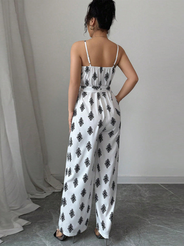 White 1950s Print Spaghetti Strap Jumpsuit, vintage romper, retro jumpsuit - perfect for women who love vintage and retro fashion