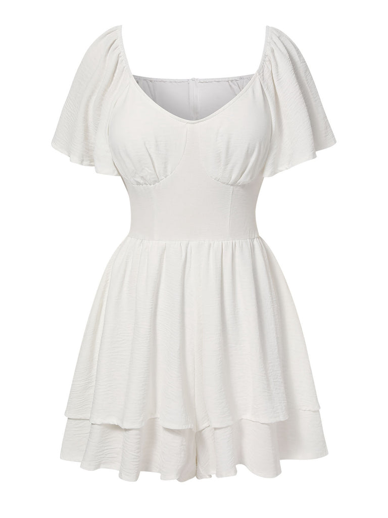 White 1950s Puff Sleeve Layered Hem Romper, vintage romper, retro jumpsuit - perfect for women who love vintage and retro fashion