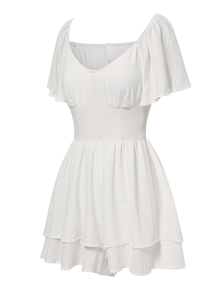 White 1950s Puff Sleeve Layered Hem Romper, vintage romper, retro jumpsuit - perfect for women who love vintage and retro fashion