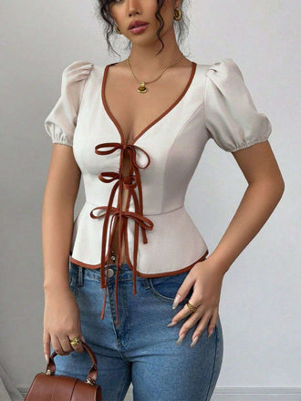 White 1950s Puff Sleeves Waist Top - vintage fashion, retro style, pure white