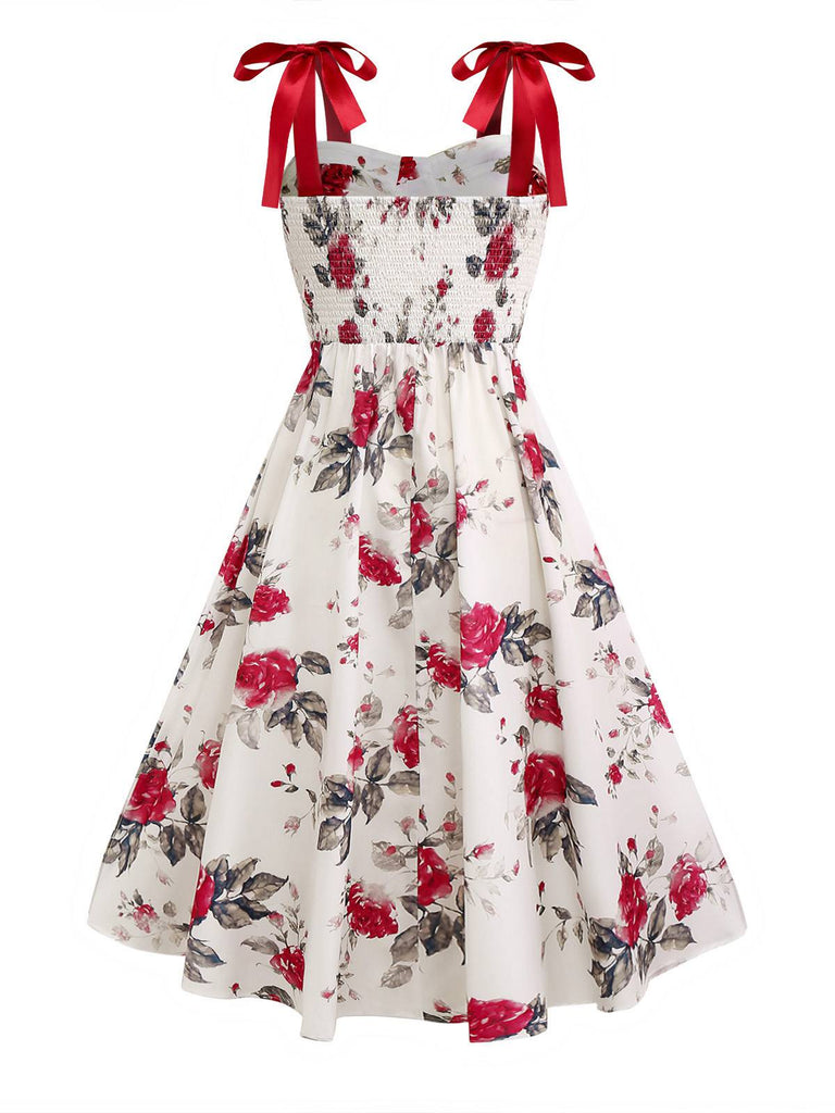 knee length dresses for ladies White 1950s Rose Print Lace-Up A-Line Dress