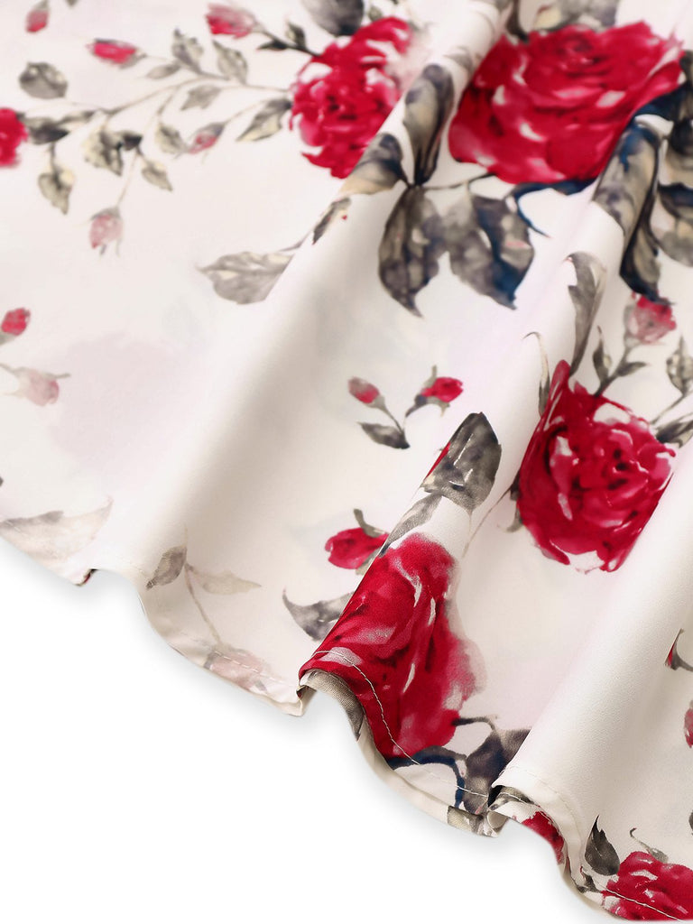 strapless open back dress White 1950s Rose Print Lace-Up A-Line Dress