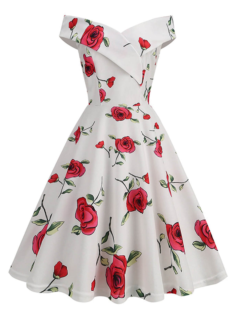 She slips into this White 1950s Roses Off-Shoulder Dress and suddenly it's a 1950s daydream