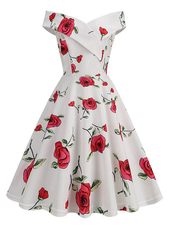 She slips into this White 1950s Roses Off-Shoulder Dress and suddenly it's a 1950s daydream