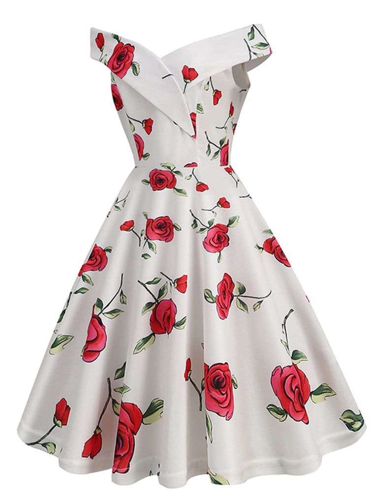 White 1950s Roses Off-Shoulder Dress: where 1950s romance meets her modern spirit