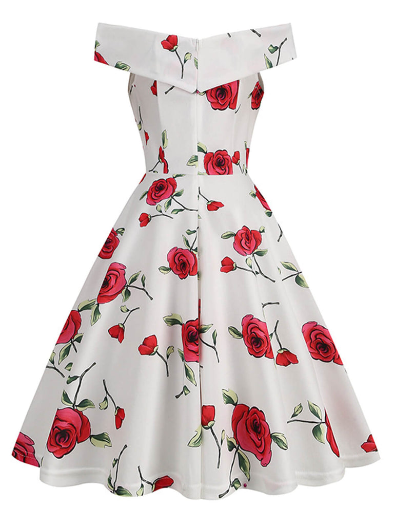 This White 1950s Roses Off-Shoulder Dress wraps her in 1950s elegance, one twirl at a time