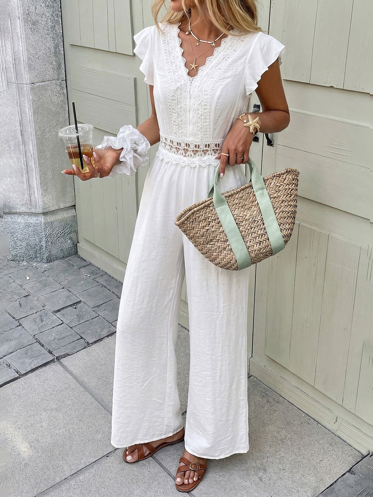 White 1950s Ruffle Sleeve Lace Hollow Jumpsuit, vintage romper, retro jumpsuit - perfect for women who love vintage and retro fashion
