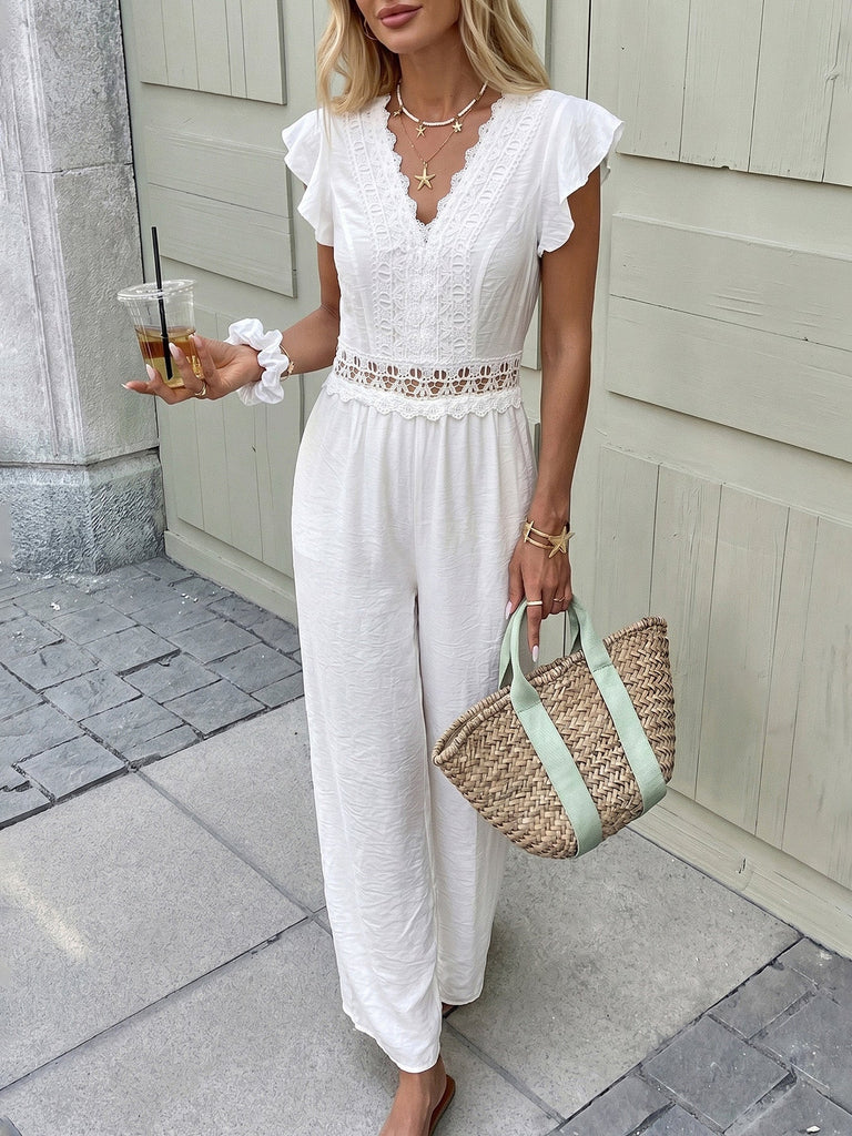 White 1950s Ruffle Sleeve Lace Hollow Jumpsuit, vintage romper, retro jumpsuit - perfect for women who love vintage and retro fashion