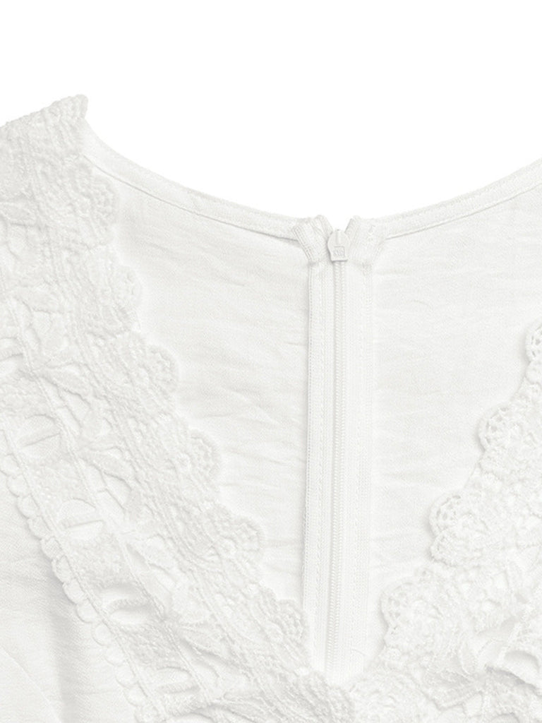 White 1950s Ruffle Sleeve Lace Hollow Jumpsuit, vintage romper, retro jumpsuit - perfect for women who love vintage and retro fashion