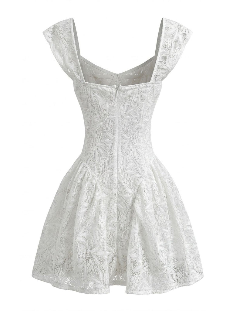 White-1950s-Slim-Lace-Cap-Sleeve-Fitted-Waist-Dress, vintage, retro, dress
