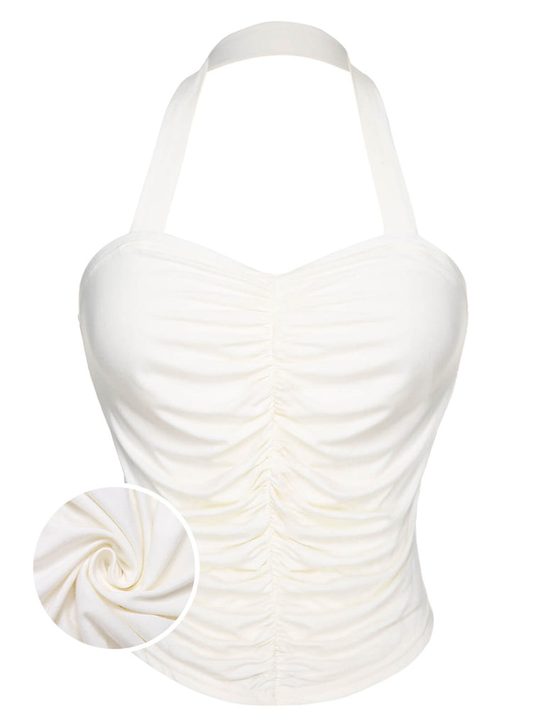 White 1950s Solid Pleated Halter Top, vintage top, retro blouse - perfect for women who love vintage and retro fashion