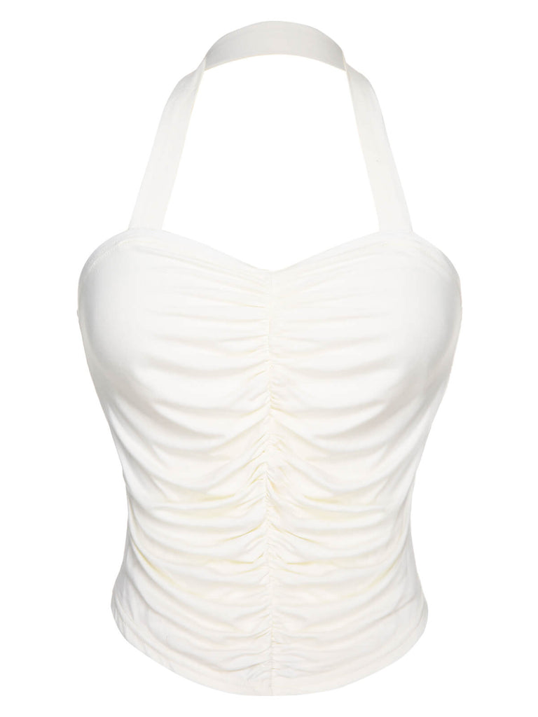 White 1950s Solid Pleated Halter Top, vintage top, retro blouse - perfect for women who love vintage and retro fashion