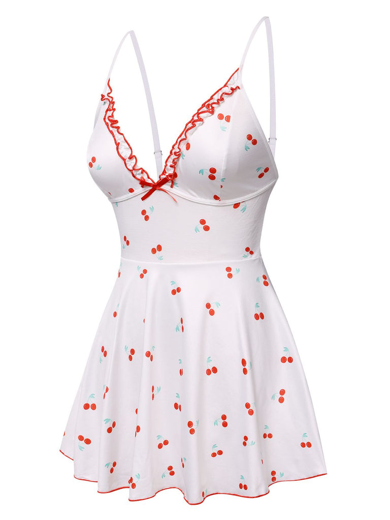 White 1950s Spaghetti Strap Cherry Bow Sleepwear: 1950s allure for the woman who knows her power