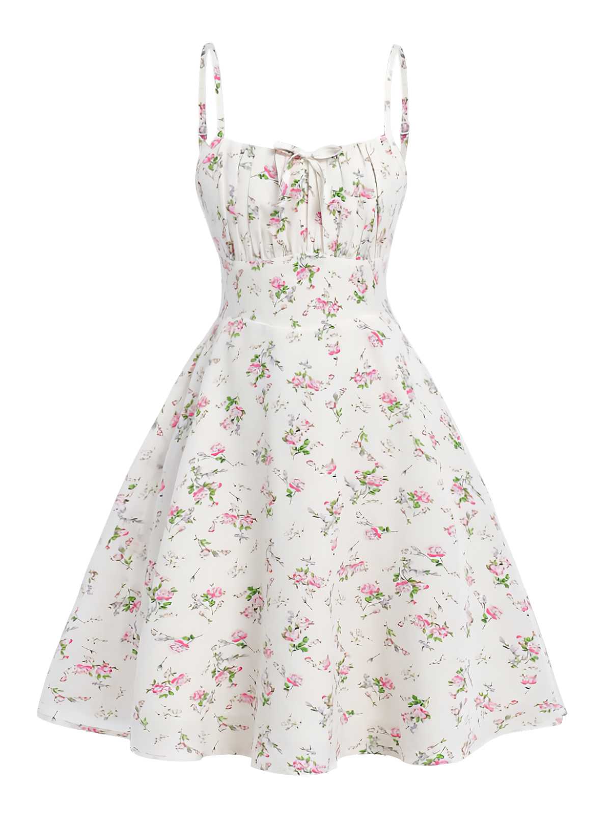 chinese dress ladies White Spaghetti Strap Floral A-Line Summer Dress | Vintage Style Outfit