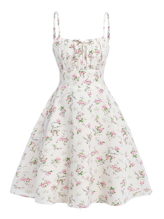 She slips into this White 1950s Spaghetti Strap Floral A-Line Dress and suddenly it's a 1950s daydream