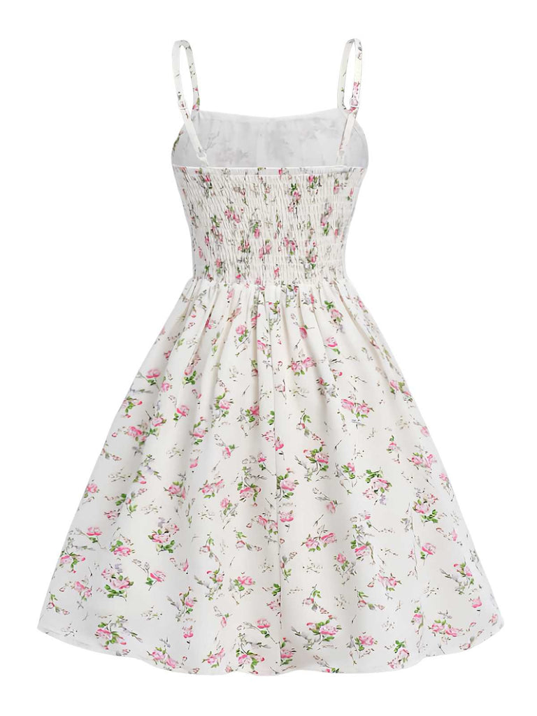 White 1950s Spaghetti Strap Floral A-Line Dress: where 1950s romance meets her modern spirit
