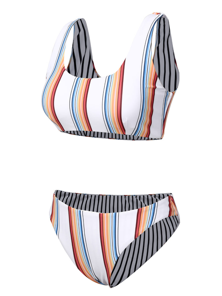 White 1950s Strap Stripes Swimsuit, vintage swimsuit, pin-up swimwear - perfect for women who love vintage and retro fashion