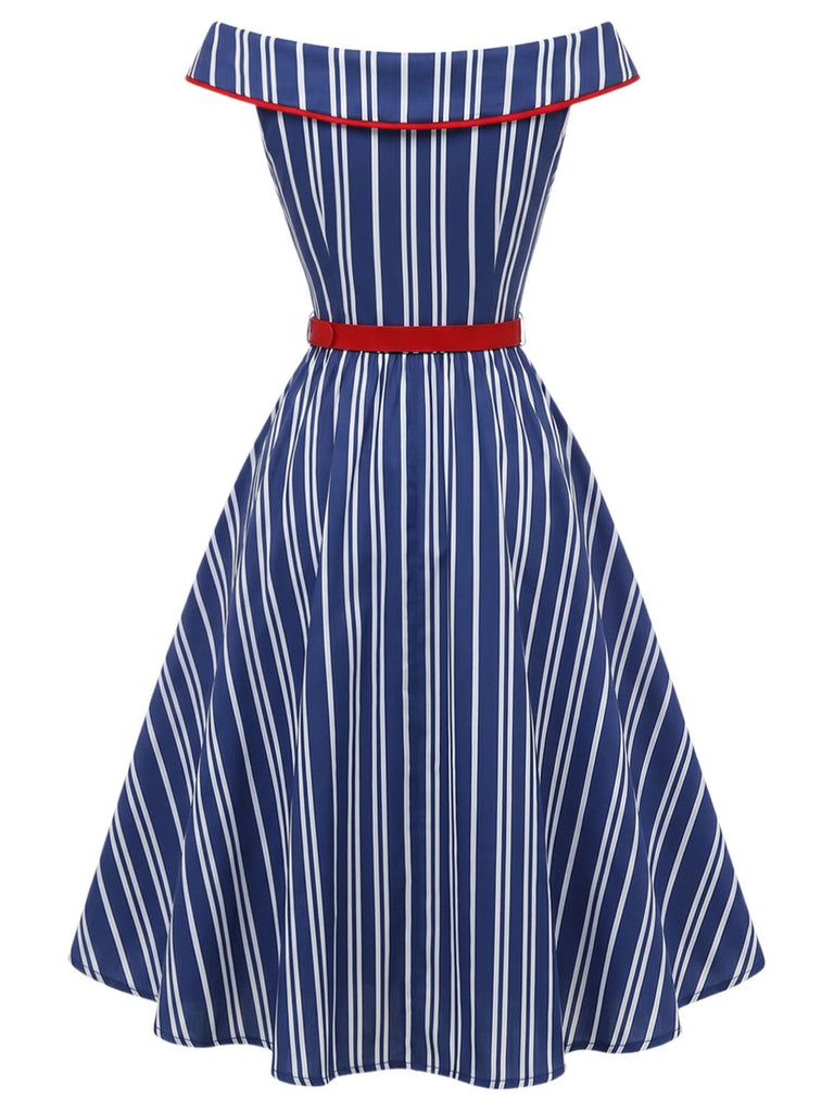 [Pre-Sale] White 1950s Striped Off Shoulder Swing Dress, vintage dress, retro fashion, rockabilly, pin-up fashion - perfect for women who love vintage and retro fashion