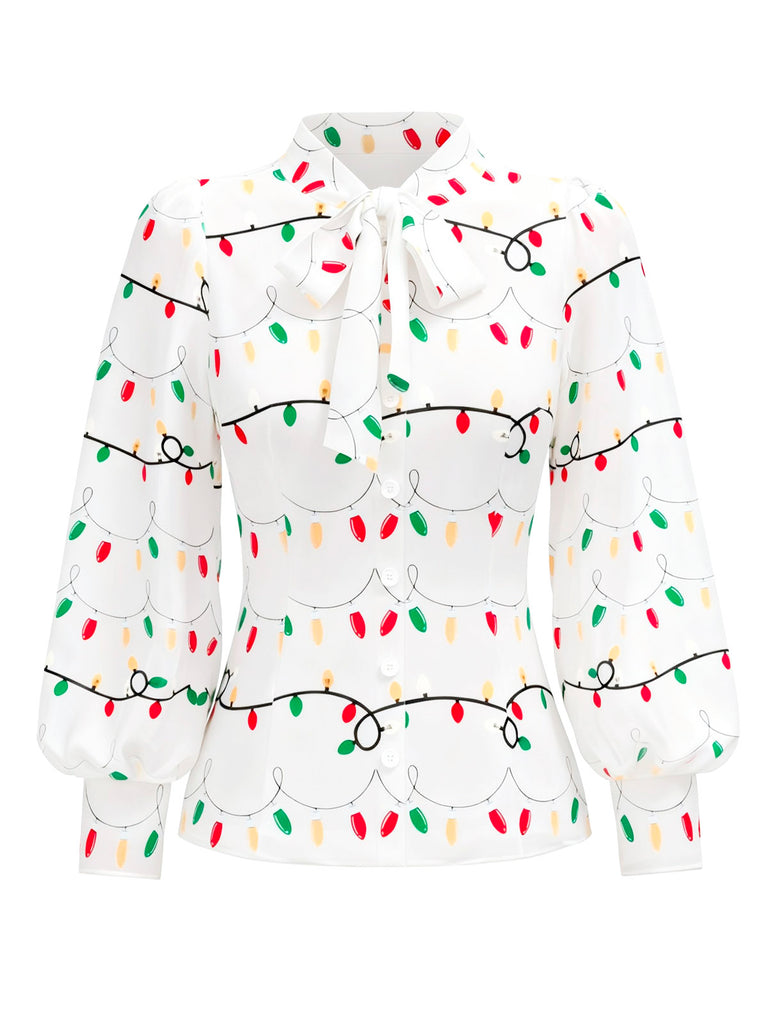 White 1950s Tie Neck Christmas Lights Print Blouse - vintage fashion, retro style, pure white
