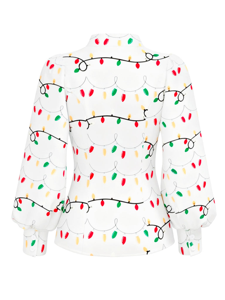 White 1950s Tie Neck Christmas Lights Print Blouse - vintage fashion, retro style, pure white