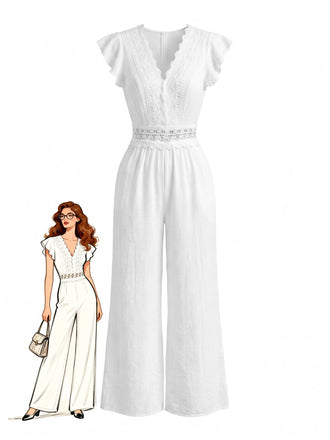White 1950s Ruffle Sleeve Lace Hollow Jumpsuit, vintage romper, retro jumpsuit - perfect for women who love vintage and retro fashion