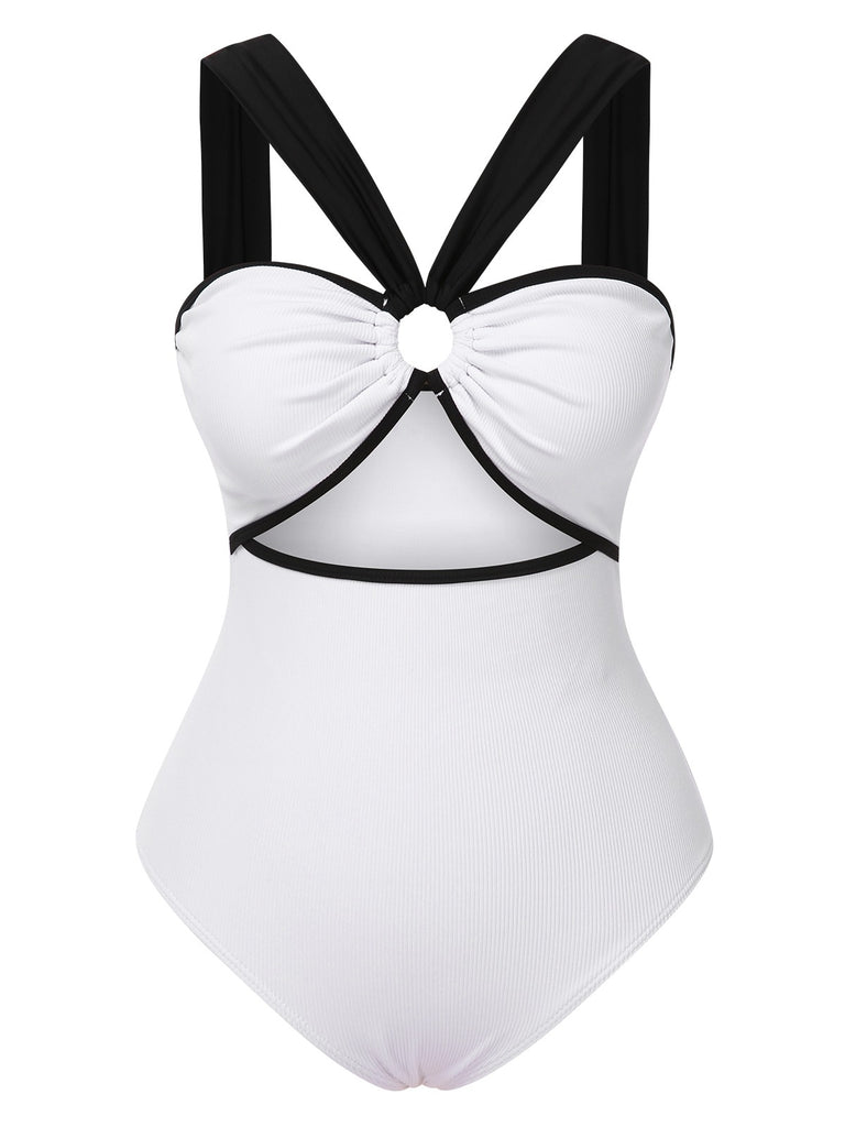 White 1950s Waist Cutout Colorblock One-Piece Swimsuit, vintage swimsuit, pin-up swimwear - perfect for women who love vintage and retro fashion