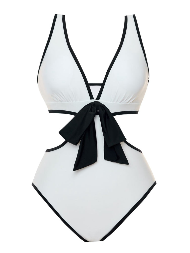 She's wearing White 1950s Waist Hollow Binding Bow Swimsuit and the whole beach remembers the 1950s
