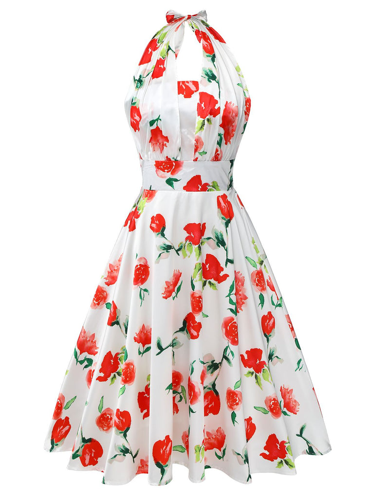 Retro Stage 1950s Watercolor Rose Halter Dress White