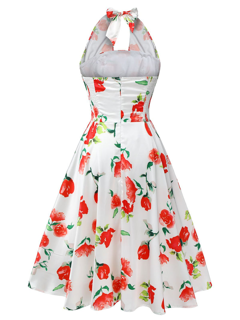 Retro Stage 1950s Watercolor Rose Halter Dress White Retro Stage 1950s Watercolor Rose Halter Dress White