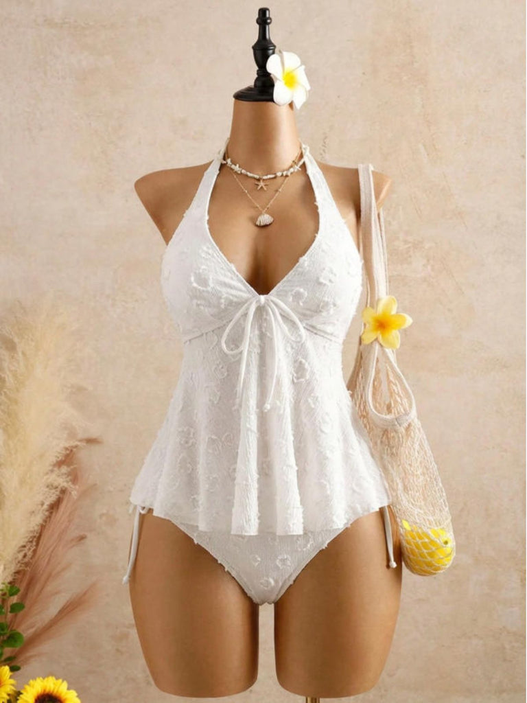 White 1950s Textured Floral Halter Deep V Tankini Set modelwear