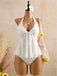White 1950s Textured Floral Halter Deep V Tankini Set modelwear