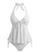 White 1950s Textured Floral Halter Deep V Tankini Set