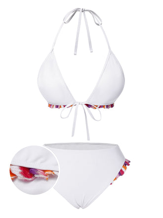 She's wearing White 1960s Boho Patchwork Lace-Up Halter Bikini and the whole beach remembers the 1960s