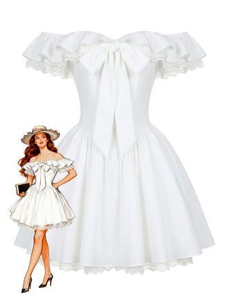 White 1960s Off-Shoulder Strapless Belted Dress - vintage dress, retro fashion, pure white