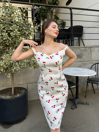 White 1960s Cherry Off-Shoulder Pencil Dress - vintage dress, retro fashion, pure white