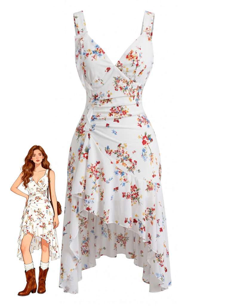 White 1960s Floral V Neck Dress