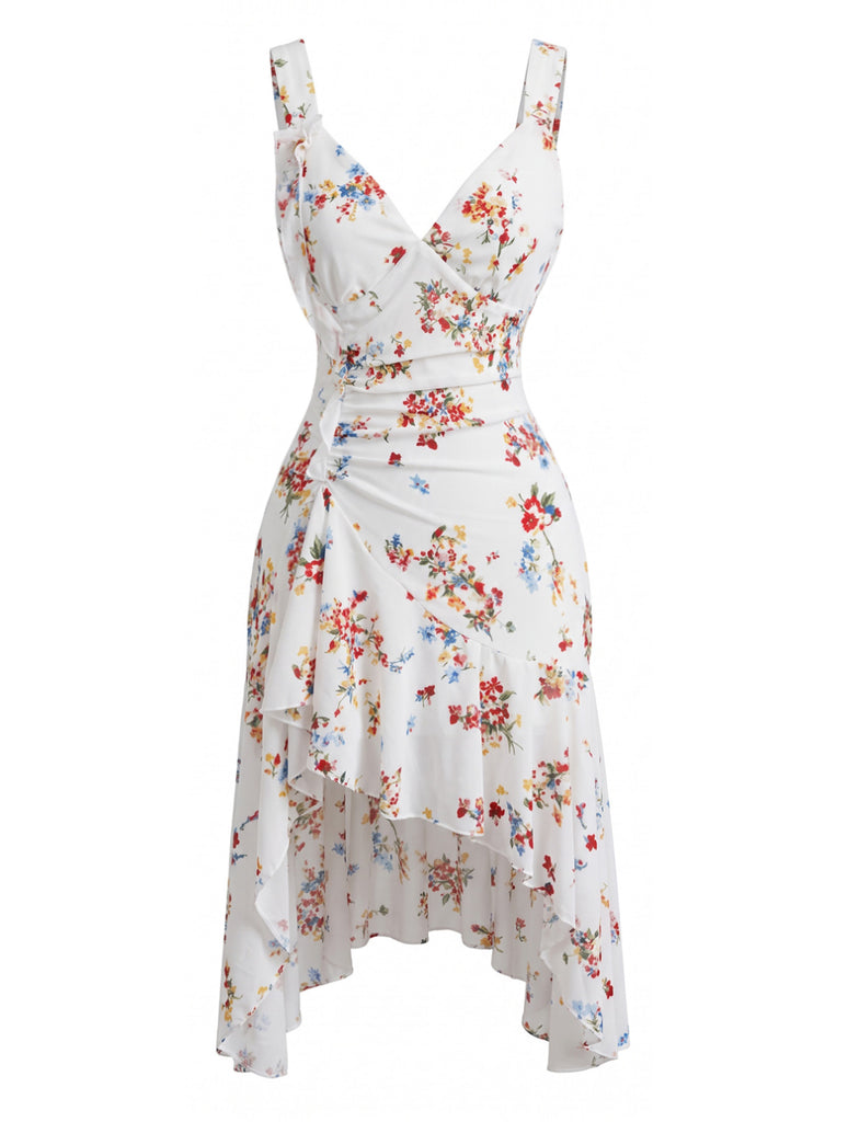 White 1960s Floral V Neck Dress 3