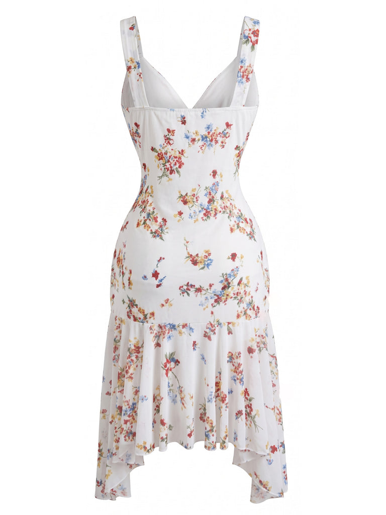 White 1960s Floral V Neck Dress 2