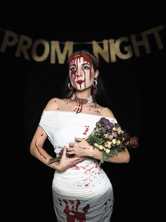 She slips into this White 1960s Halloween Blood Pencil Dress and suddenly it's a 1960s daydream