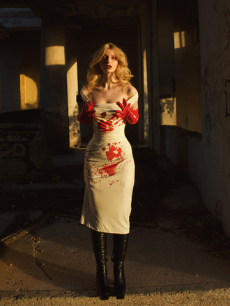 She slips into this White 1960s Halloween Blood Pencil Dress and suddenly it's a 1960s daydream