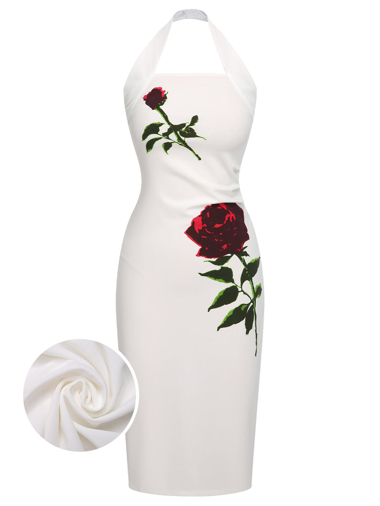 White 1960s Halter Rose Wrap Dress | Retro Stage White 1960s Halter Rose Wrap Dress | Retro Stage