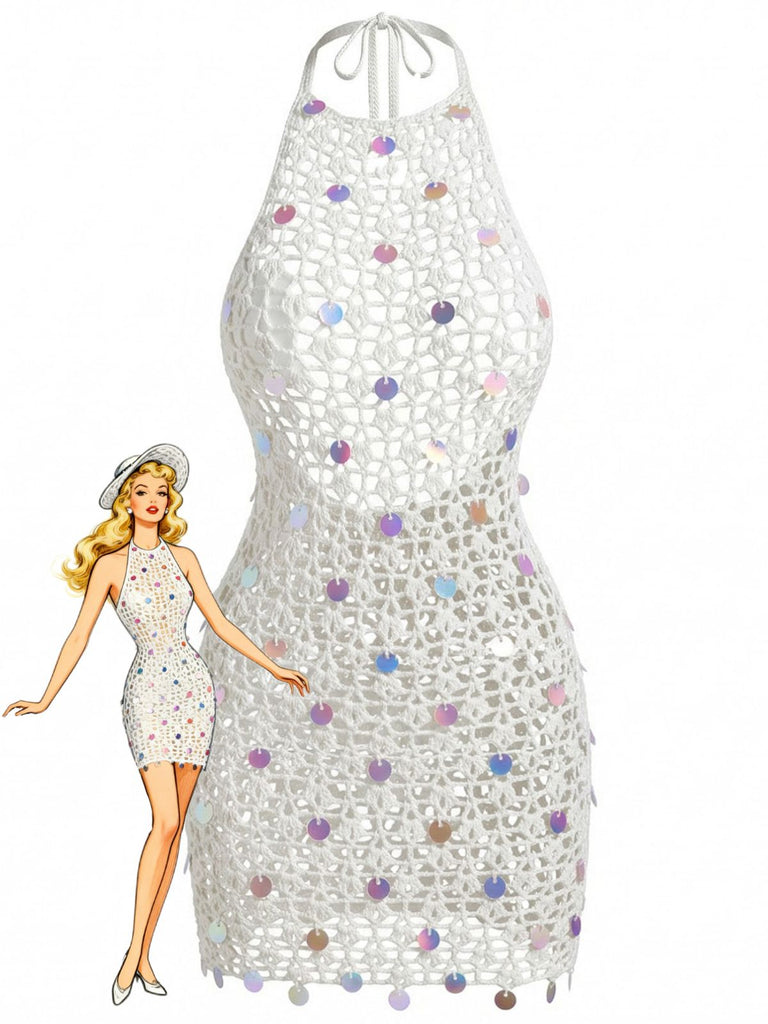 White 1960s Sequin Crochet Hollow Out Cover Up 4