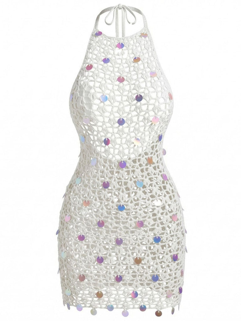 White 1960s Sequin Crochet Hollow Out Cover Up