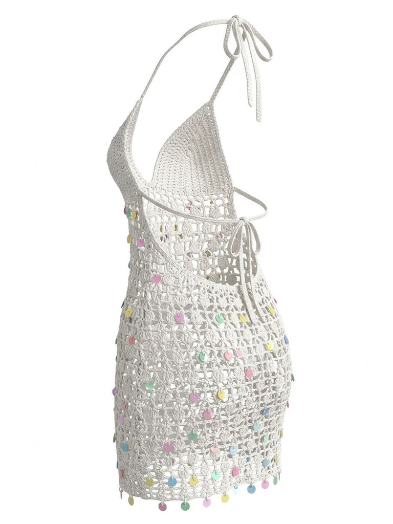 White 1960s Sequin Crochet Hollow Out Cover Up 3