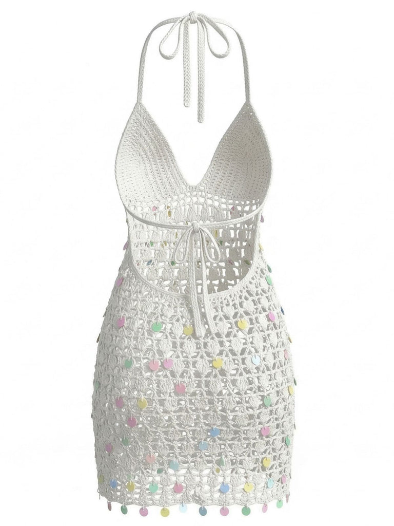 White 1960s Sequin Crochet Hollow Out Cover Up 2