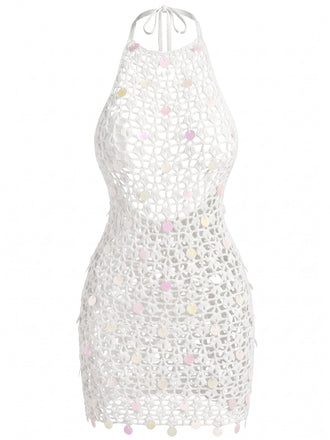 White 1960s Halter Sequin Crochet Hollow Out Cover-up, vintage fashion, retro style - perfect for women who love vintage and retro fashion