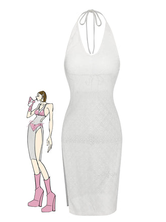 White 1960s Knitted Halter Dress Cover-Up, vintage dress, retro fashion - perfect for women who love vintage and retro fashion