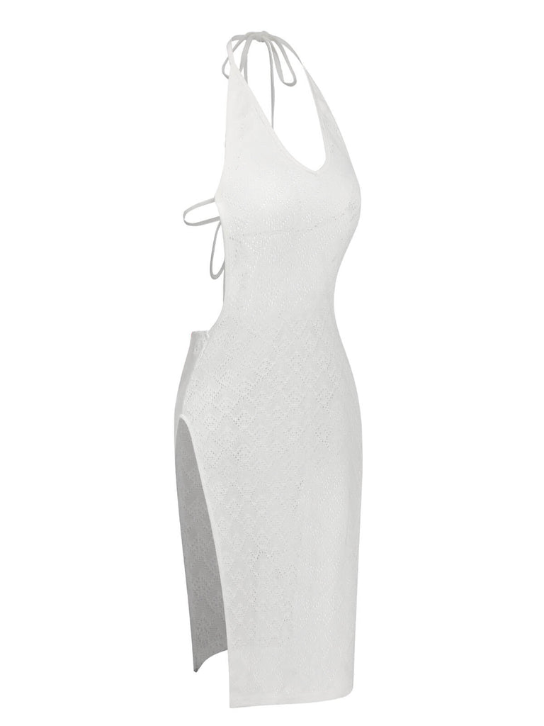 vintage white halter dress Vintage Halter Lace-Up Back Dress
