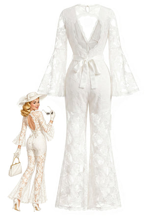 [Pre-Sale] White 1960s Lace V Neck Jumpsuit